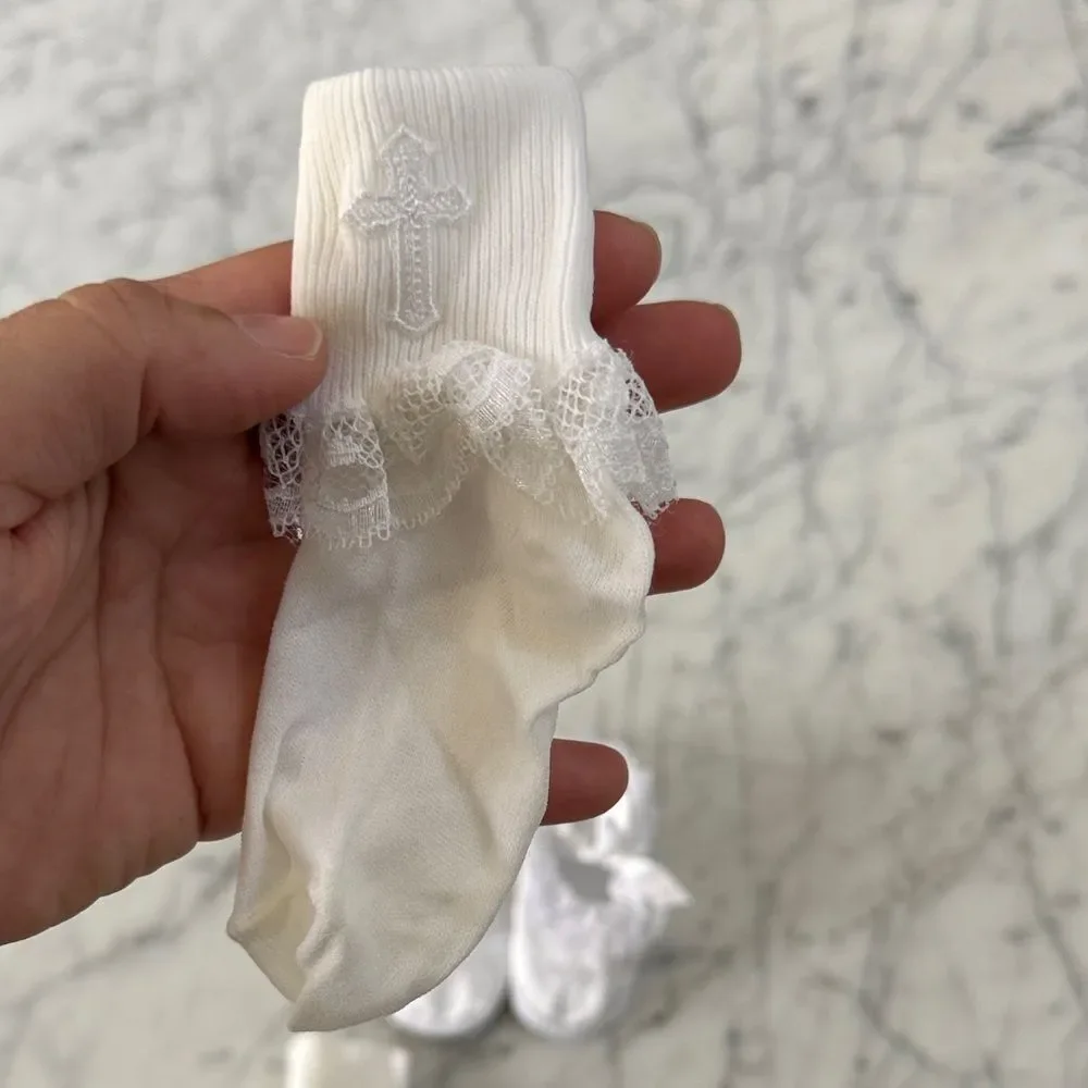 White Lace Baby Shoes Ruffle Socks Set Christening Baptism 6-9Mo
